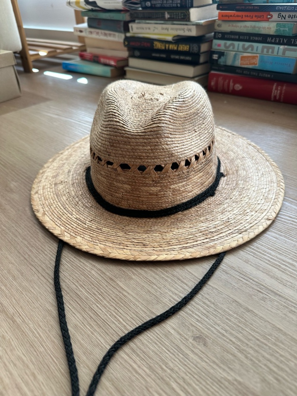 Natural Straw Sun Hat with Black Braided Chin Cord